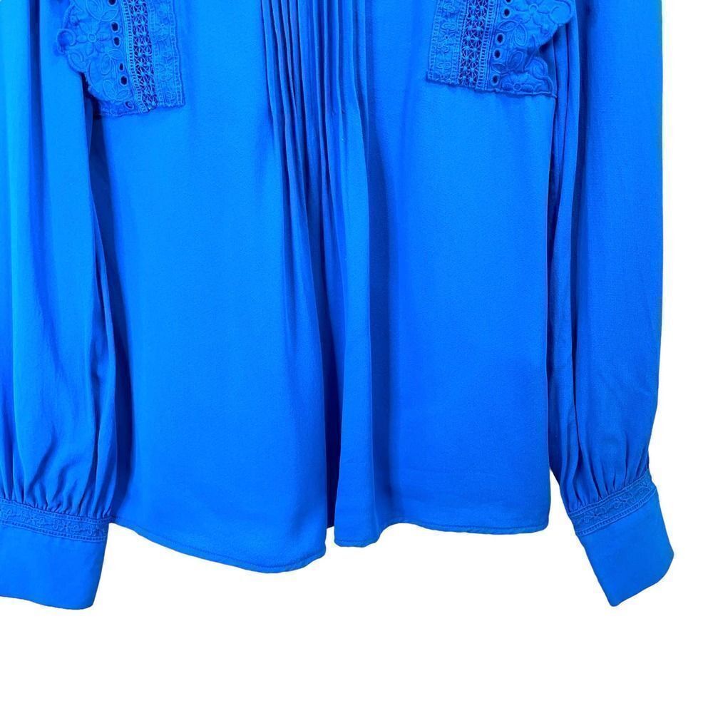 Reiss Bexley‎ Pleated Embroidered ruffle Crepe Blouse top Size 0 blue cerulian - Picture 8 of 12